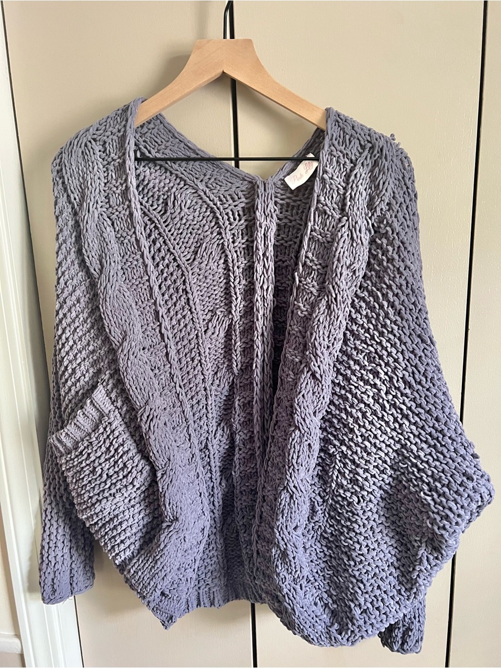 Pink Lily Lavender Gray Chunky Cable Knit Open Cardigan
